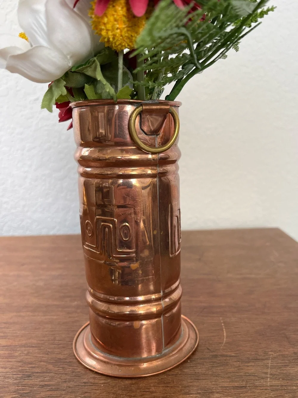 Vintage French hammered copper vase with brass handles